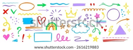 Line hand drawn brush marker underline, highlight, star element color kid set. Hand drawn sketch marker underline shape, arrow, star scribble brush pen stroke highlight element. Vector illustration