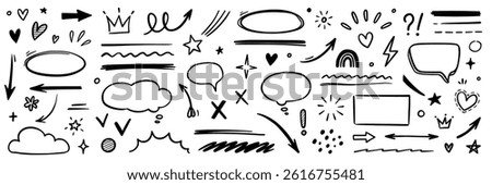 Line hand drawn brush marker arrow, heart shape element set. Hand drawn sketch marker underline shape, arrow, star marker brush pen stroke icon heart element. Vector illustration