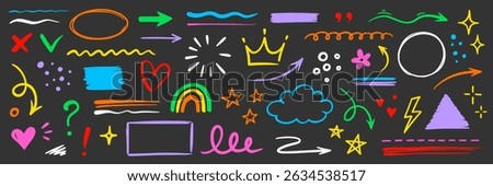 Line hand drawn brush marker underline, highlight, star element color kid set. Hand drawn sketch marker underline shape, arrow, star scribble brush pen stroke highlight element. Vector illustration