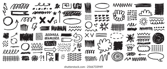 line hand drawn brush vector element doodle set. Grunge abstract chalk spiral, arrows element scribble line brush hand drawn sketch design. Vector illustration