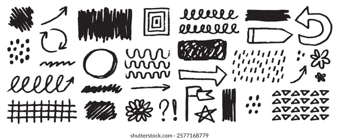line hand drawn brush vector element doodle set. Grunge abstract chalk spiral, arrows element scribble line brush hand drawn sketch design. Vector illustration