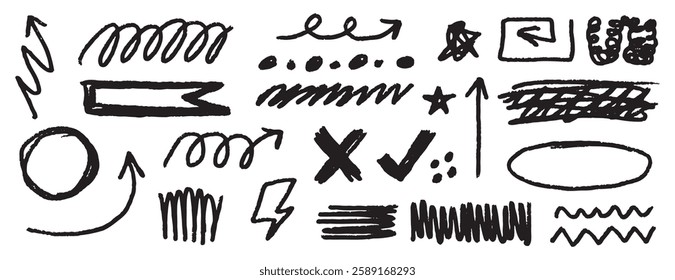 line hand drawn brush vector element doodle set. Grunge abstract chalk spiral, arrows element scribble line brush hand drawn sketch design. Vector illustration