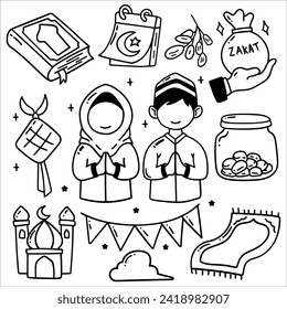 Line hand drawn cartoon ramadan or eid al-fitr element. 