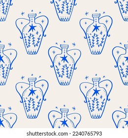 Line hand drawn ceramics ancient vintage vases abstract shapes seamless pattern in artistic boho artisan style