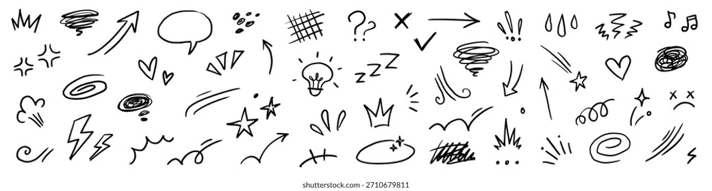 Handgezeichneter Kreidestern, Comic-Ausdruckselemente. Handgezeichnete niedliche Doodle Linie Bewegung Element Pfeil, Betonung, wütende Emotion, Funkelbewegung. Zeichentrickfilm-Emoticon-Stiftsymbol. Vektorgrafik