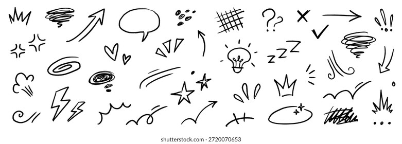 Línea dibujada a mano estrella de tiza, Elementos de expresión cómica. Dibujado a mano lindo doodle línea movimiento elemento flecha, énfasis, emoción enojada, movimiento brillante. Icono de crayón de emoticono de dibujos animados. Ilustración vectorial