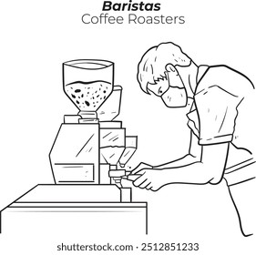 Line Hand drawn coffee barista or bartender man wearing apron standing whipped milk into the coffee mug. Coffee shop, coffee time and take away concept.