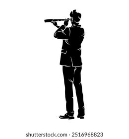 Line hand drawn collection of businessman standing looking through spyglass telescope, vector illustration