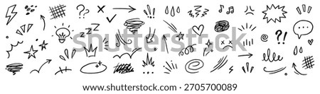 Line hand drawn cute movement element effect sketch shape. Hand drawn cute doodle line motion element arrow, emphasis, shock emotion, sparkle. Motion cartoon emoticon chalk icon. Vector illustration