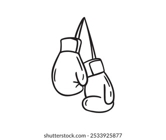 Line hand drawn doodle boxing gloves with ribbon. Outline box drawing icon isolated on white background. Vector illustration