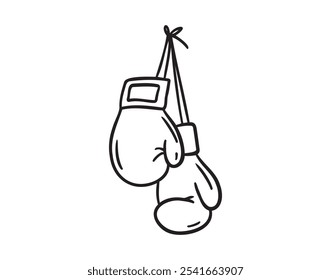 Line hand drawn doodle boxing gloves with ribbon. Outline box drawing icon isolated on white background. Vector illustration