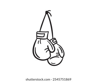 Line hand drawn doodle boxing gloves with ribbon. Outline box drawing icon isolated on white background. Vector illustration