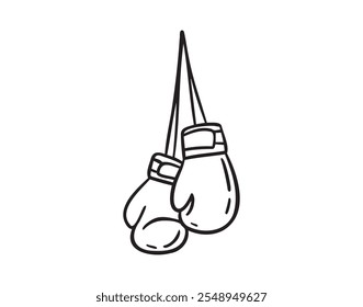 Line hand drawn doodle boxing gloves with ribbon. Outline box drawing icon isolated on white background. Vector illustration