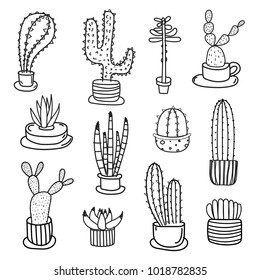 Line Hand Drawn Doodle Cactus Vector Set. Handmade Outline Vector Illustration.