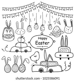 Line Hand Drawn Doodle Happy Easter Day Vector Set. Doodle Funny Set. Handmade Vector Illustration.