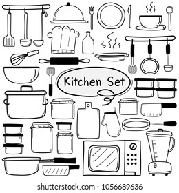 Line Hand Drawn Doodle Vector Kitchen Set Include Cooking Equipment. Vector Illustration.