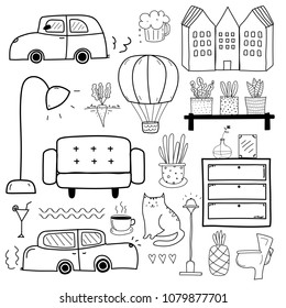 Line Hand Drawn Doodle Vector Set. Vector Illustration.