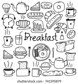 Line Hand Drawn Doodle Vector Breakfast Set. 