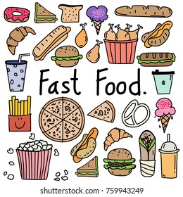 Line Hand Drawn Doodle Vector Fast Food Set.