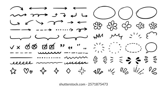 Line hand drawn elements. Doodle scribble. Sketch outline shapes, signs, effects. Simple handwriting objects. Pencil curved strokes icons. Marker kids doodles vector set.