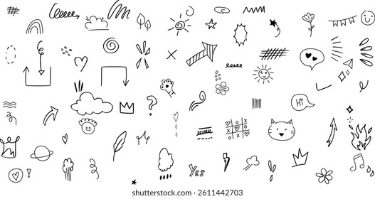 Line hand drawn elements. Doodle scribble. Sketch outline shapes, signs, effects. Simple handwriting objects.