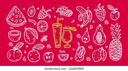 Line hand drawn fruits and berries set. Vector doodle style illustration. Juice and cocktail concept