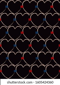 Line hand drawn Heart seamless pattern brush stroke with red and blue line. Romantic vector illustration.Valentine days mood Design for fashion,fabric,web,wallpaper,wrapping,and all prints on black