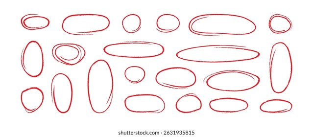 Line hand drawn highlight, brush marker oval and circle doodle, pen underline sketch, crayon ring, red chalk ellipse. Scribble shape box set isolated on white background. Simple vector illustration