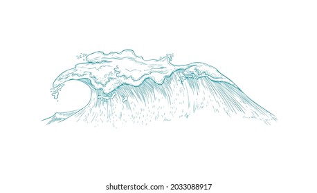 Line hand drawn huge sea wave, vector illustration isolated on white background. Marine nautical motive for business cards, emblems and printing materials.