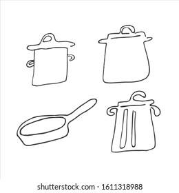 Line hand drawn icon set of kitchen utensils. Doodle Kitchen cooking related objects. Items for menu
pan, pot, saucepan, casserole, skillet. Dishware 
