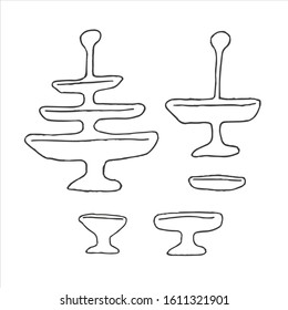 Line hand drawn icon set of kitchen utensils. Doodle Kitchen cooking related objects. Items for menu. Dishware dessert plate, candy bowl, stand.