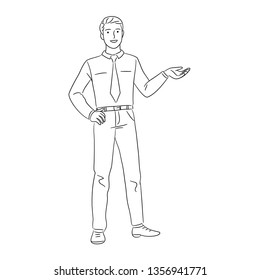 Line Hand Drawn illustration. Young guy in shirt. Hand pointing to side.Cheerful businessman is smiling