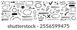 Line hand drawn marker arrow, heart, text highlight brush shape element set. Hand drawn sketch marker underline shape, arrow, star scribble brush pen stroke element. Vector illustration.