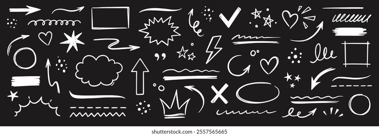 Line hand drawn marker arrow, heart, text highlight brush shape element chalkboard. Hand drawn sketch marker underline shape, arrow, star scribble brush pen stroke element. Vector illustration