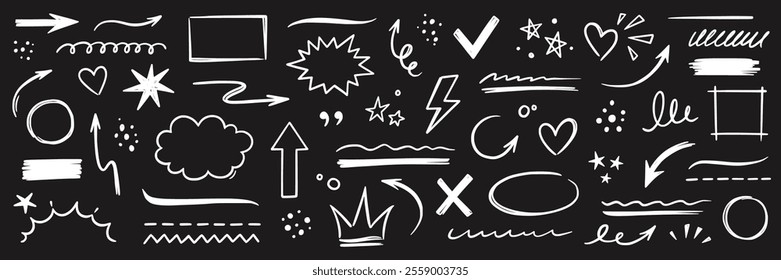 Line hand drawn marker arrow, heart, text highlight brush shape element chalkboard. Hand drawn sketch marker underline shape, arrow, star scribble brush pen stroke element. Vector illustration