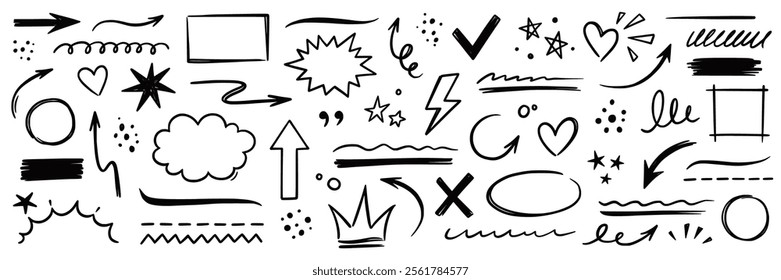 Line hand drawn marker arrow, heart, text highlight brush shape element set. Hand drawn sketch marker underline shape, arrow, star scribble brush pen stroke element. Vector illustration.