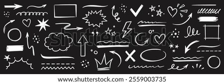 Line hand drawn marker arrow, heart, text highlight brush shape element chalkboard. Hand drawn sketch marker underline shape, arrow, star scribble brush pen stroke element. Vector illustration