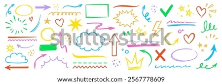 Line hand drawn marker arrow, heart, text highlight brush color shape element set. Hand drawn sketch marker underline shape, arrow, star scribble brush pen stroke element. Vector illustration