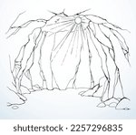 Line hand drawn old deep big dirty earth rocky soil den wall dig coal dirt cliff gap grot prison collapse work place. Large ruin lost climb life white light fall scene sketch art retro vintage style