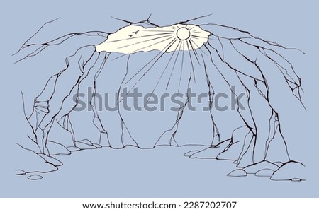 Line hand drawn old deep big dirty earth rocky soil den wall dig coal dirt cliff gap grot prison collapse work place. Large ruin lost climb life white light fall scene sketch art retro vintage style