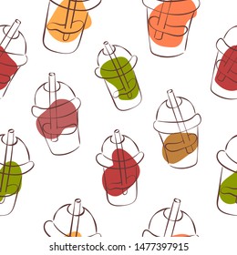 Line hand drawn seamless pattern with cool drinks: fresh, bubble tea, iced coffee or smoothie. Simple plastic cups with no fill on white  background with colorful shapeless spots.Paper design, textile