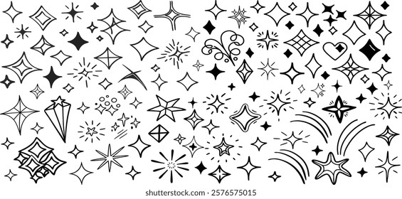 Line hand drawn Sparkles doodle set. starburst, radiant lines, star scribble brush pen stroke element, dynamic sparkle pattern, doodle vector illustration.
