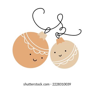 Line hand drawn two cute happy lover balls toy couple for tree. Merry xmas and Happy New Year contour isolated illustration for the celebration of winter holidays.
