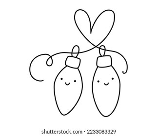 Line hand drawn two cute happy lover balls garland toy couple for tree and heart. Merry xmas and Happy New Year isolated illustration for the celebration of winter holidays.