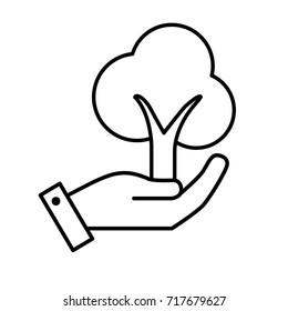 line hand with ecological and natural tree icon