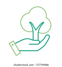 line hand with ecological and natural tree icon