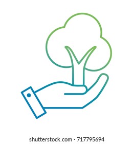 line hand with ecological and natural tree icon