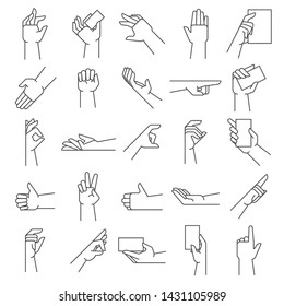 Line hand gestures. Pointing gesture, hold in hands and like icon. Handed holding, handshake or applause gesture, outline approved or swiping hand. Vector illustration isolated symbols set