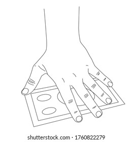 Line hand giving a bribe on a white background. Vector illustration about corruption. Stock image for print, blogs, news sites.