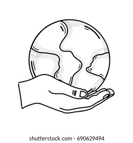 line hand with global earth planet and geography ubication